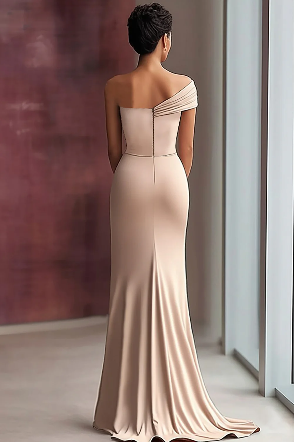 Light Khaki Mermaid Pleated One Shoulder Formal Dress - Image 4