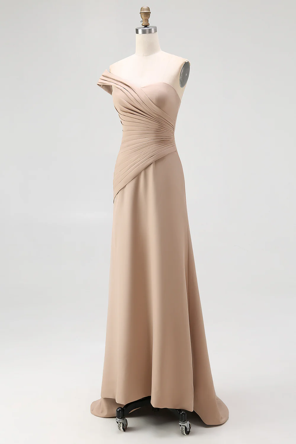 Light Khaki Mermaid Pleated One Shoulder Formal Dress - Image 5