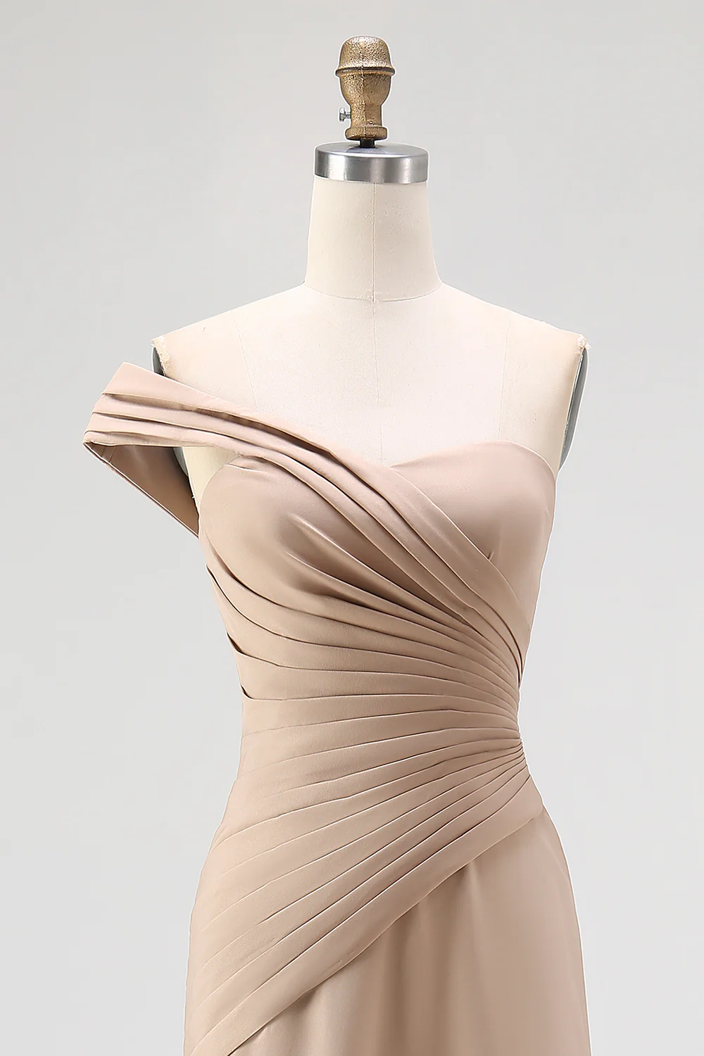 Light Khaki Mermaid Pleated One Shoulder Formal Dress - Image 6