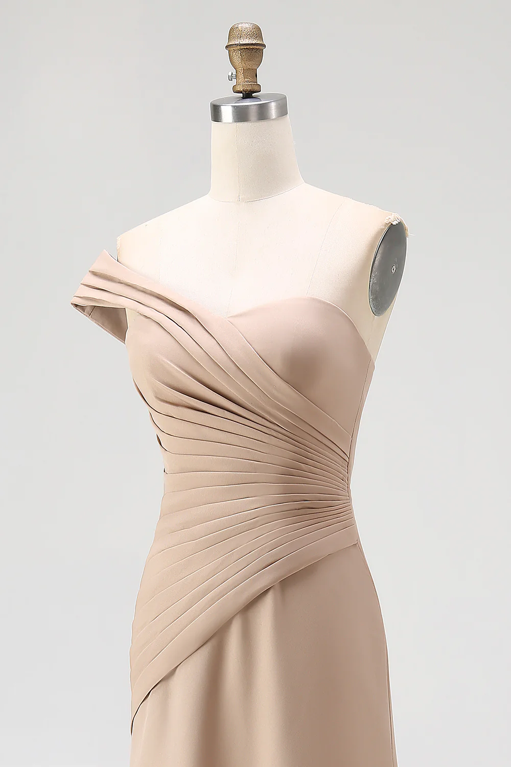 Light Khaki Mermaid Pleated One Shoulder Formal Dress - Image 8