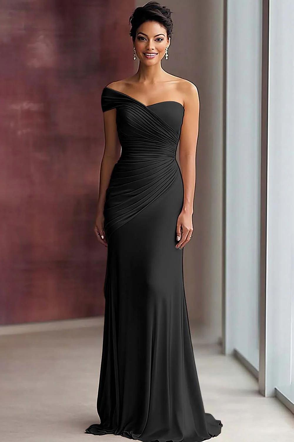 Light Khaki Mermaid Pleated One Shoulder Formal Dress - Image 9