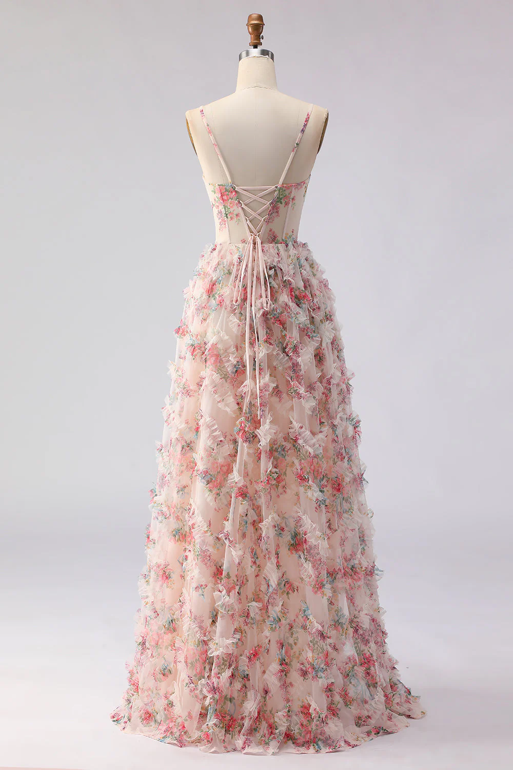 Light Pink A-Line Floral Printed Corset Long Prom Dress with Ruffles - Image 2