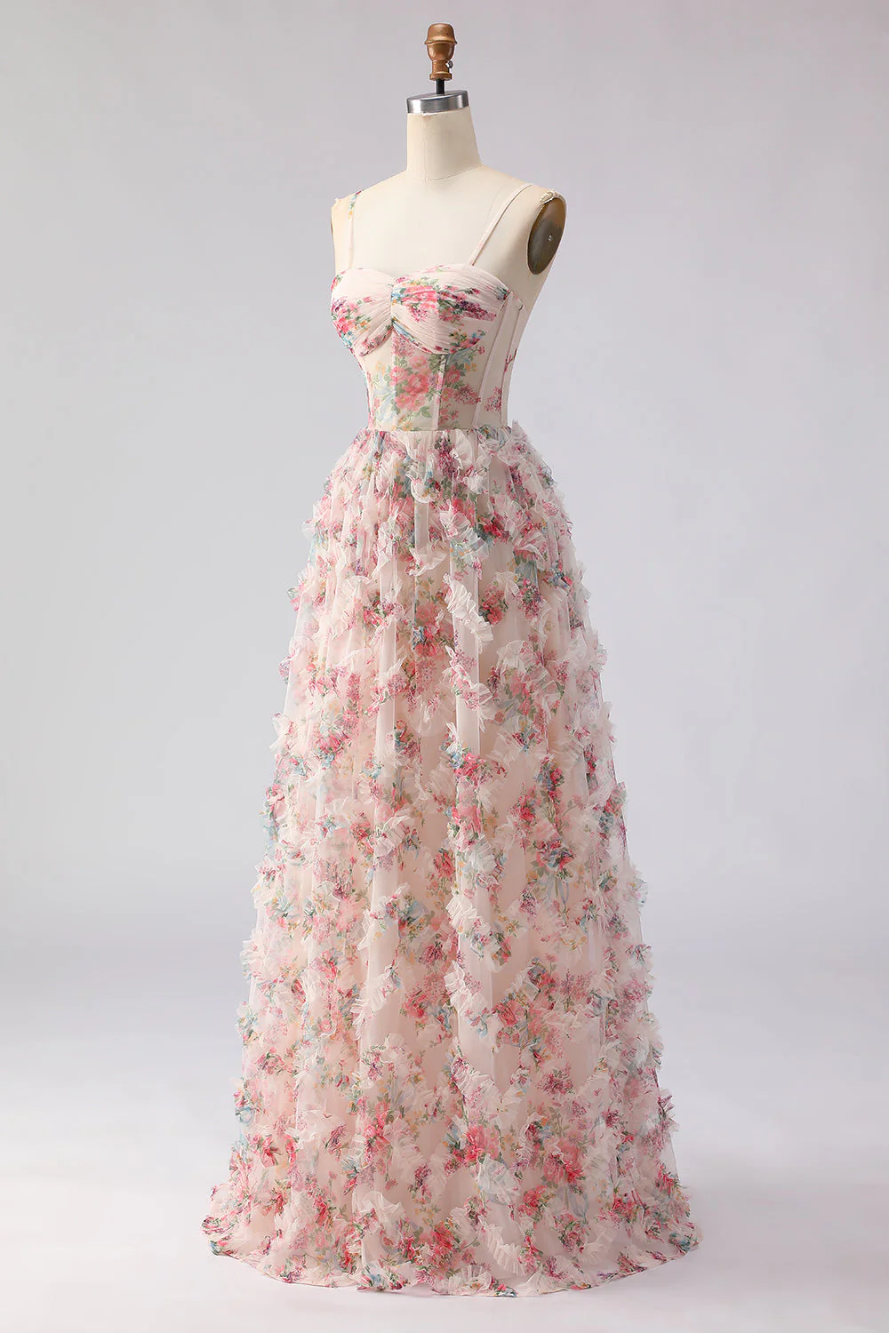 Light Pink A-Line Floral Printed Corset Long Prom Dress with Ruffles - Image 3