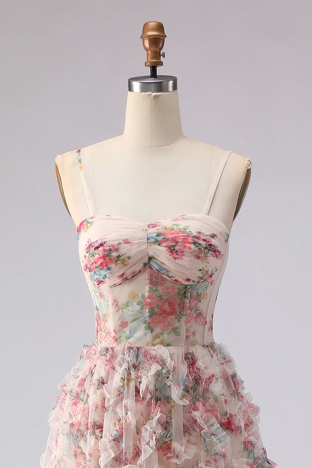 Light Pink A-Line Floral Printed Corset Long Prom Dress with Ruffles - Image 4
