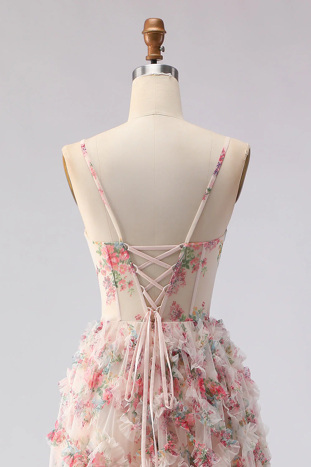 Light Pink A-Line Floral Printed Corset Long Prom Dress with Ruffles - Image 5