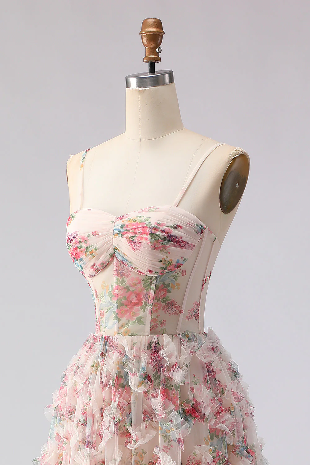 Light Pink A-Line Floral Printed Corset Long Prom Dress with Ruffles - Image 6