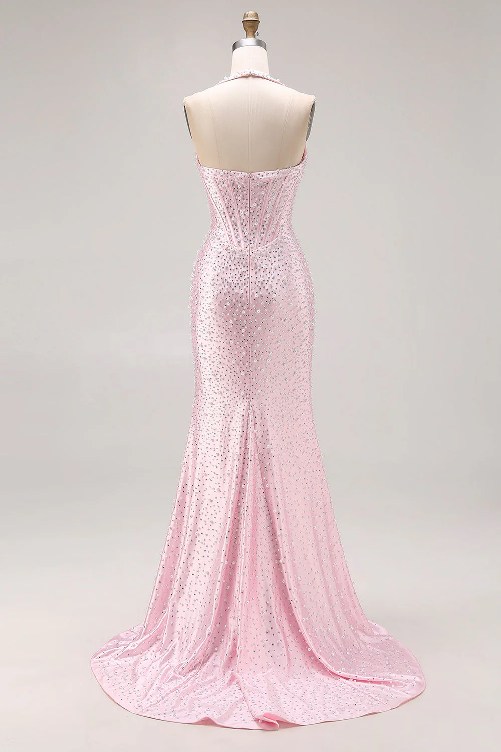 Light Pink Mermaid Beaded Halter Pearls Long Prom Dress with Slit - Image 2
