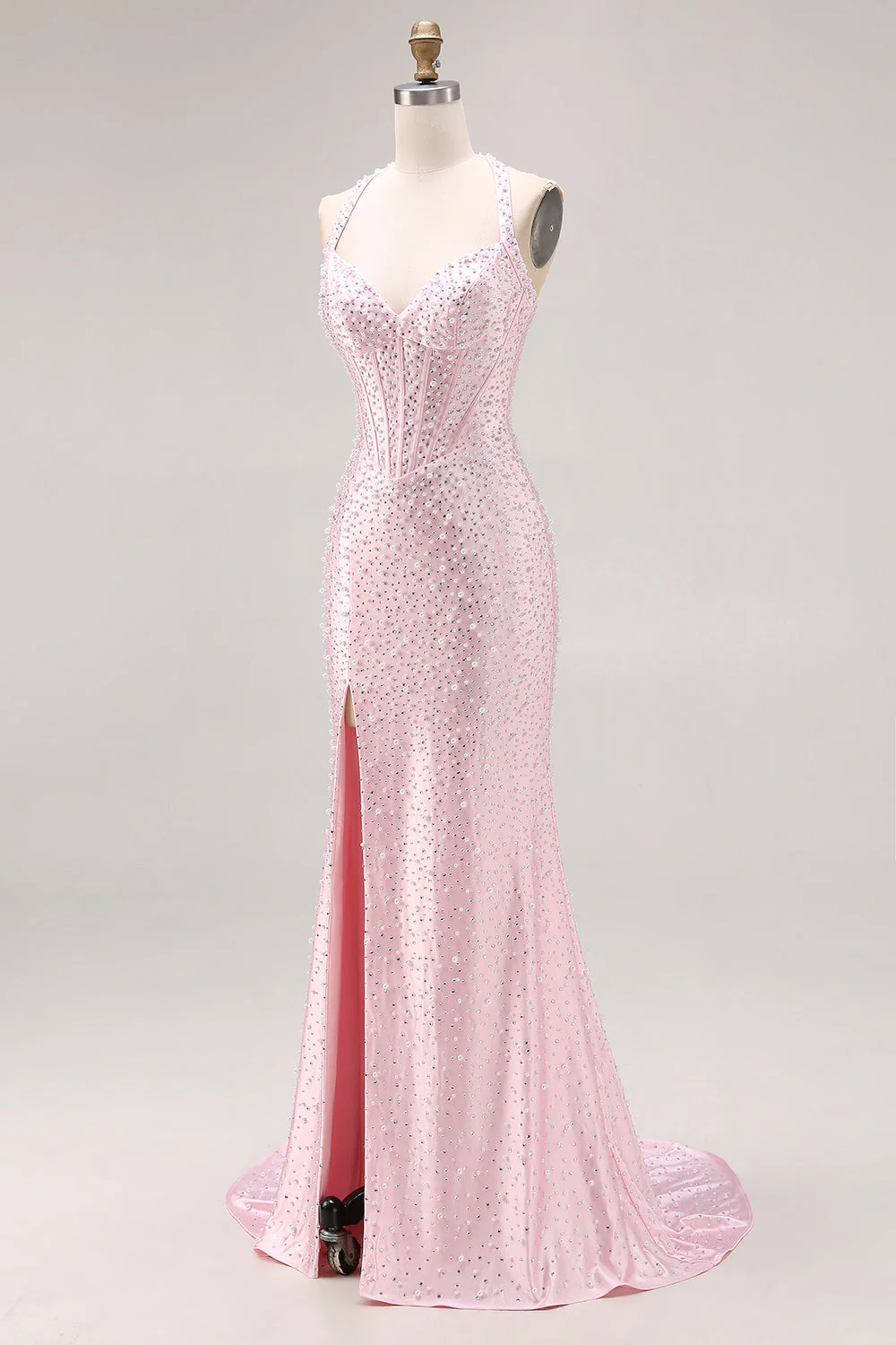 Light Pink Mermaid Beaded Halter Pearls Long Prom Dress with Slit - Image 3