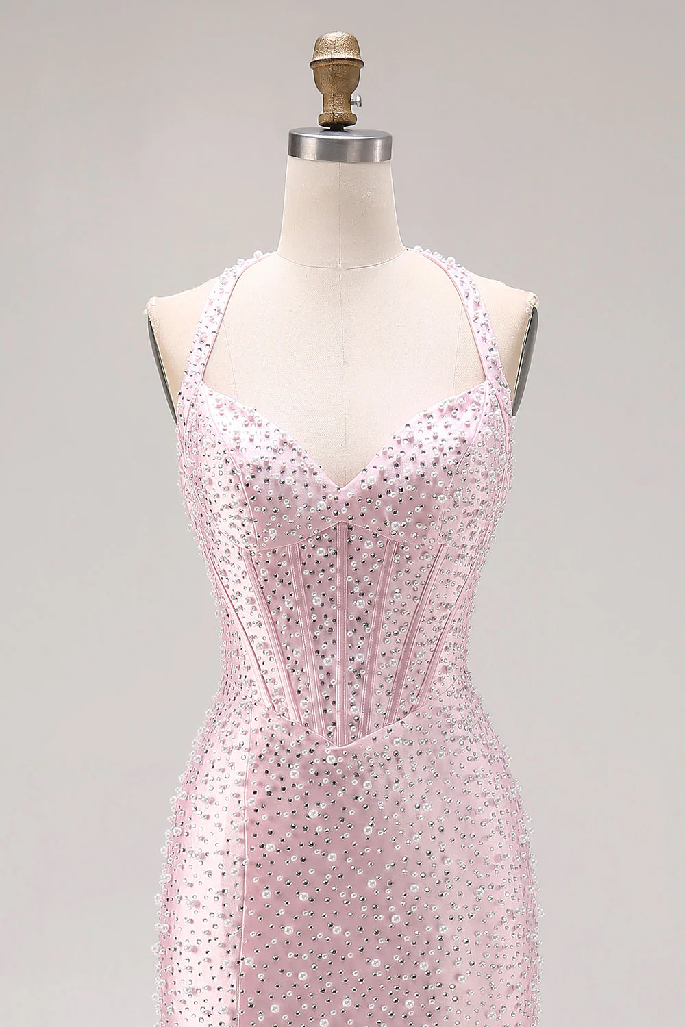 Light Pink Mermaid Beaded Halter Pearls Long Prom Dress with Slit - Image 4