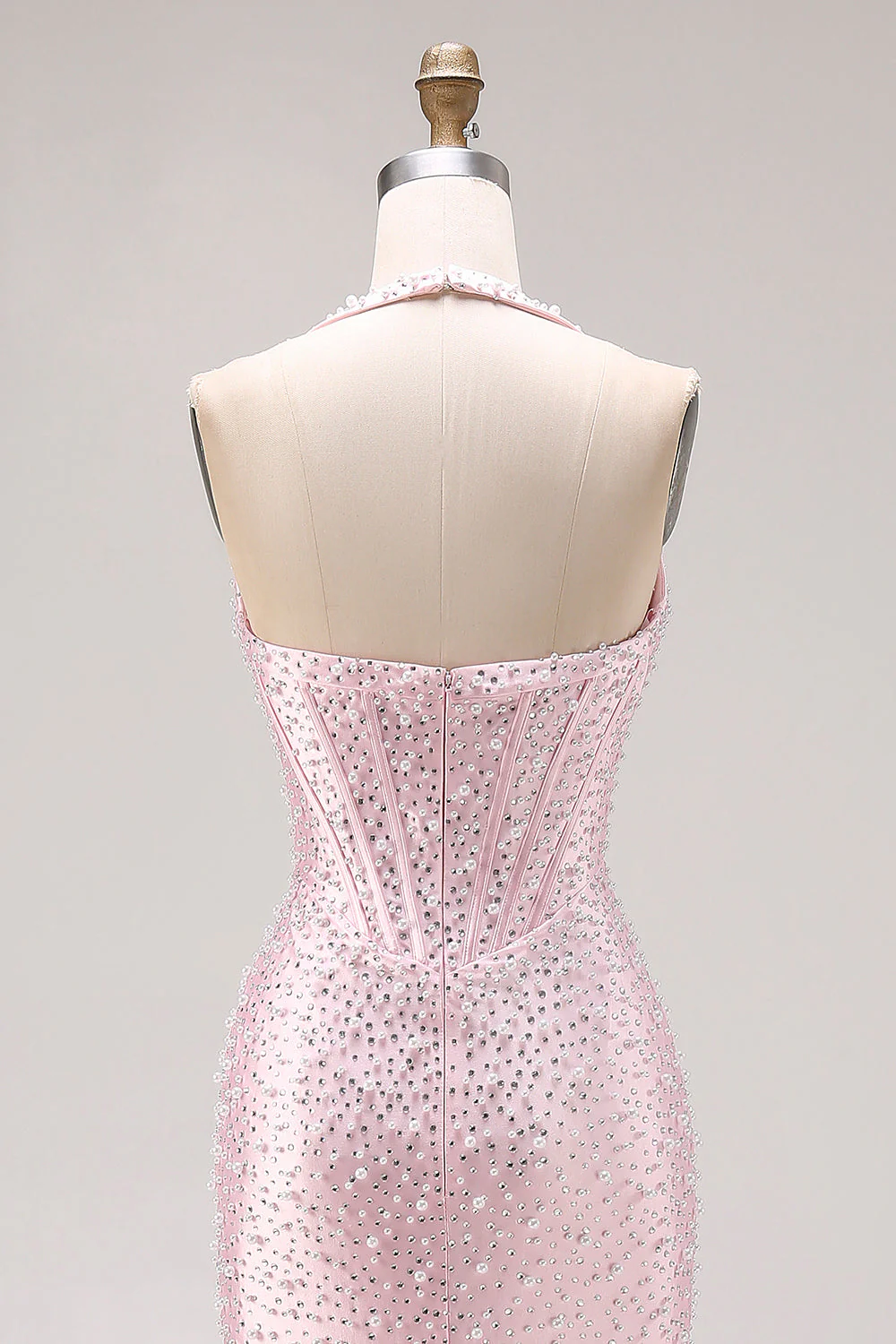 Light Pink Mermaid Beaded Halter Pearls Long Prom Dress with Slit - Image 5