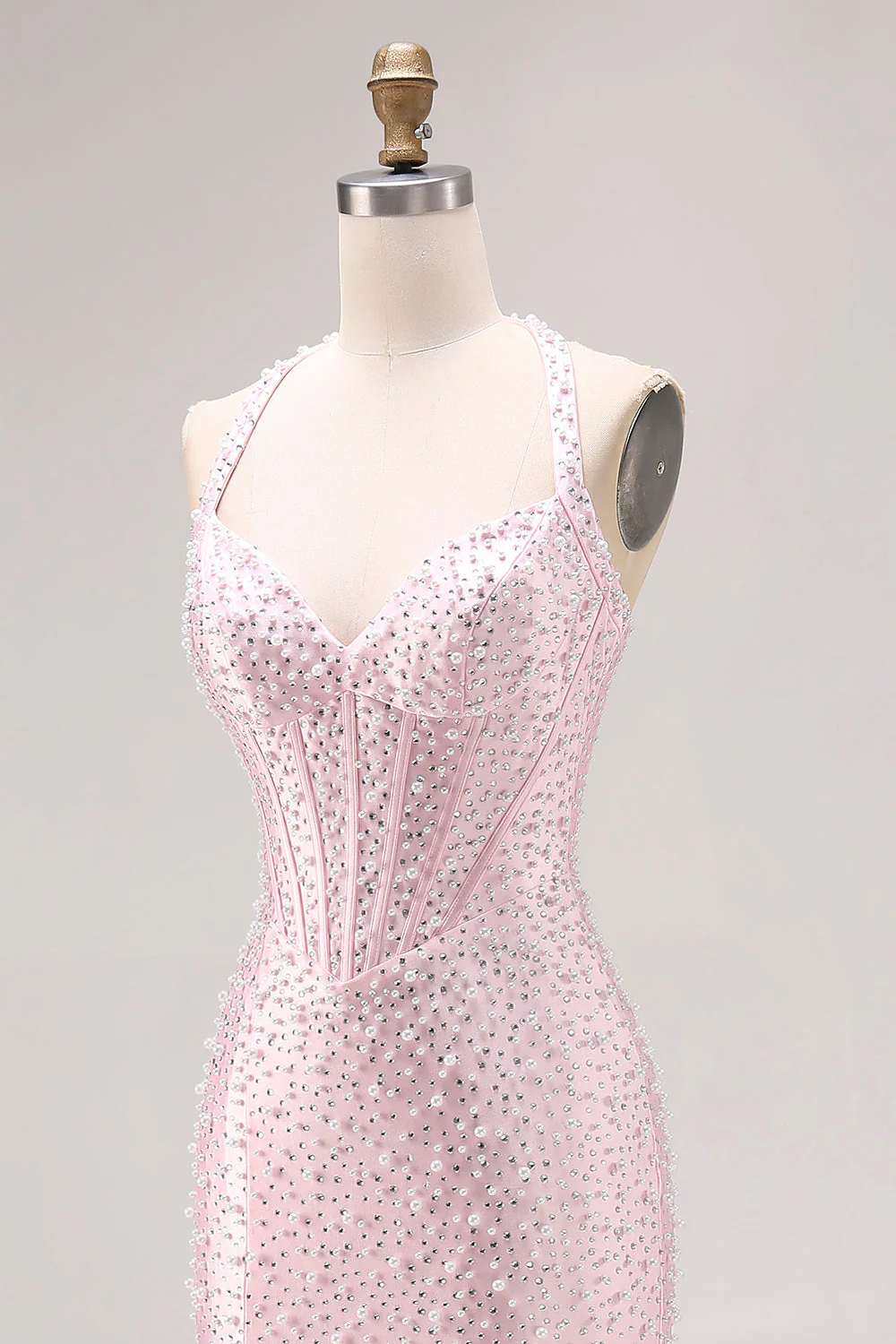 Light Pink Mermaid Beaded Halter Pearls Long Prom Dress with Slit - Image 6