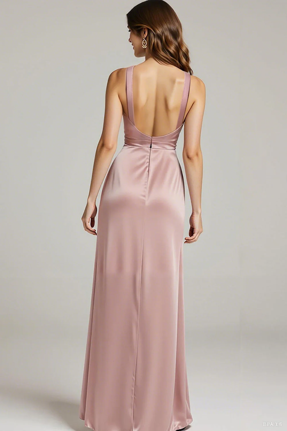 Light Pink Satin V-Neck Sheath Ruched Formal Dress - Image 2