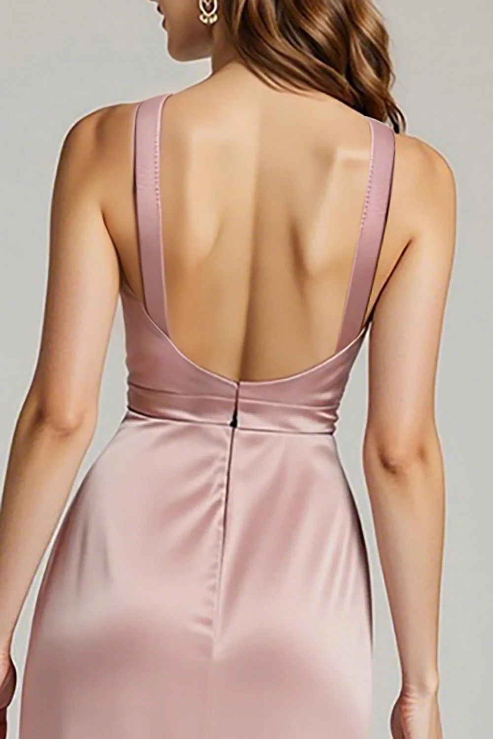 Light Pink Satin V-Neck Sheath Ruched Formal Dress - Image 4