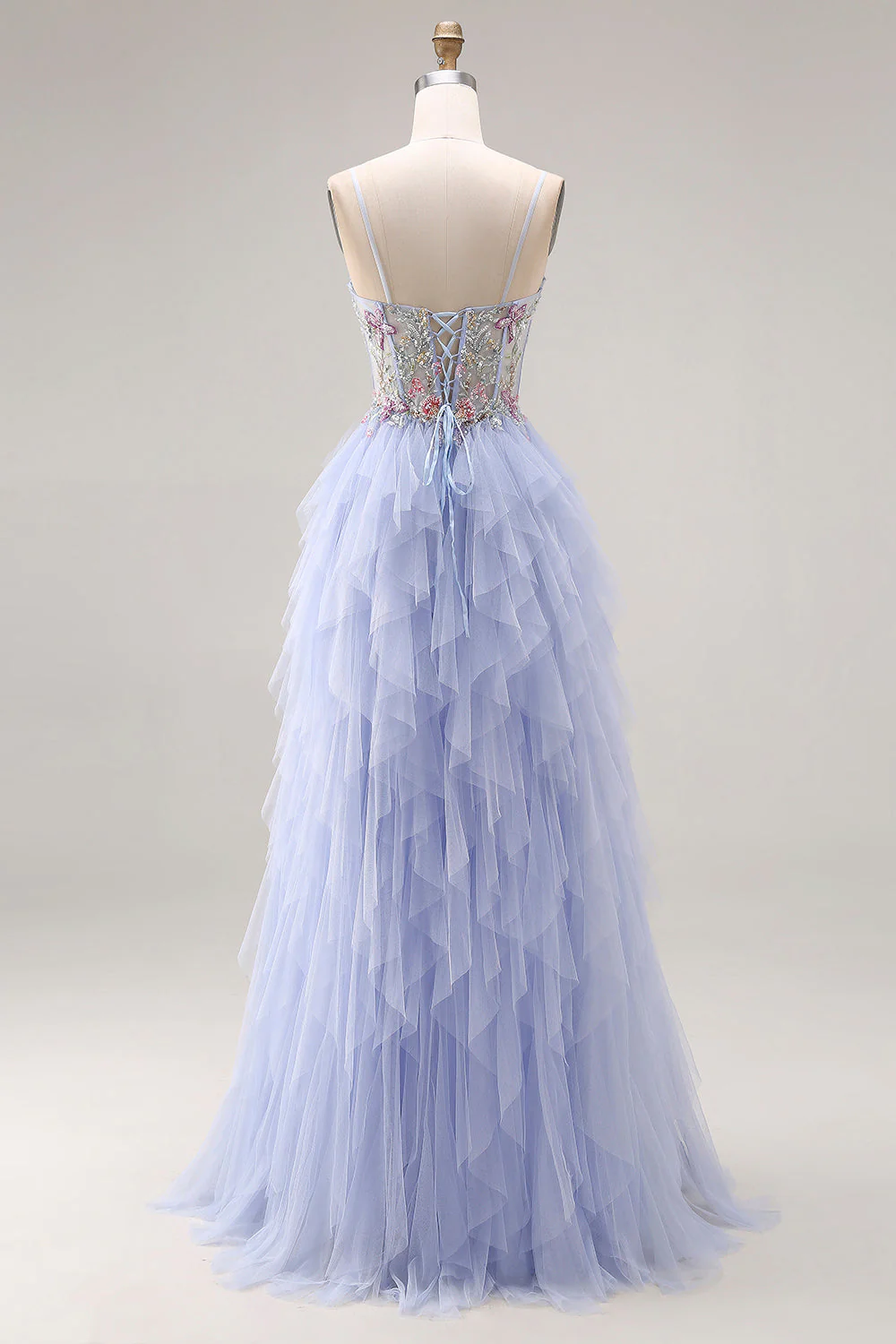 Light Plum A-Line Tulle Appliqued Corset Long Prom Dress with Ruffles - Image 2