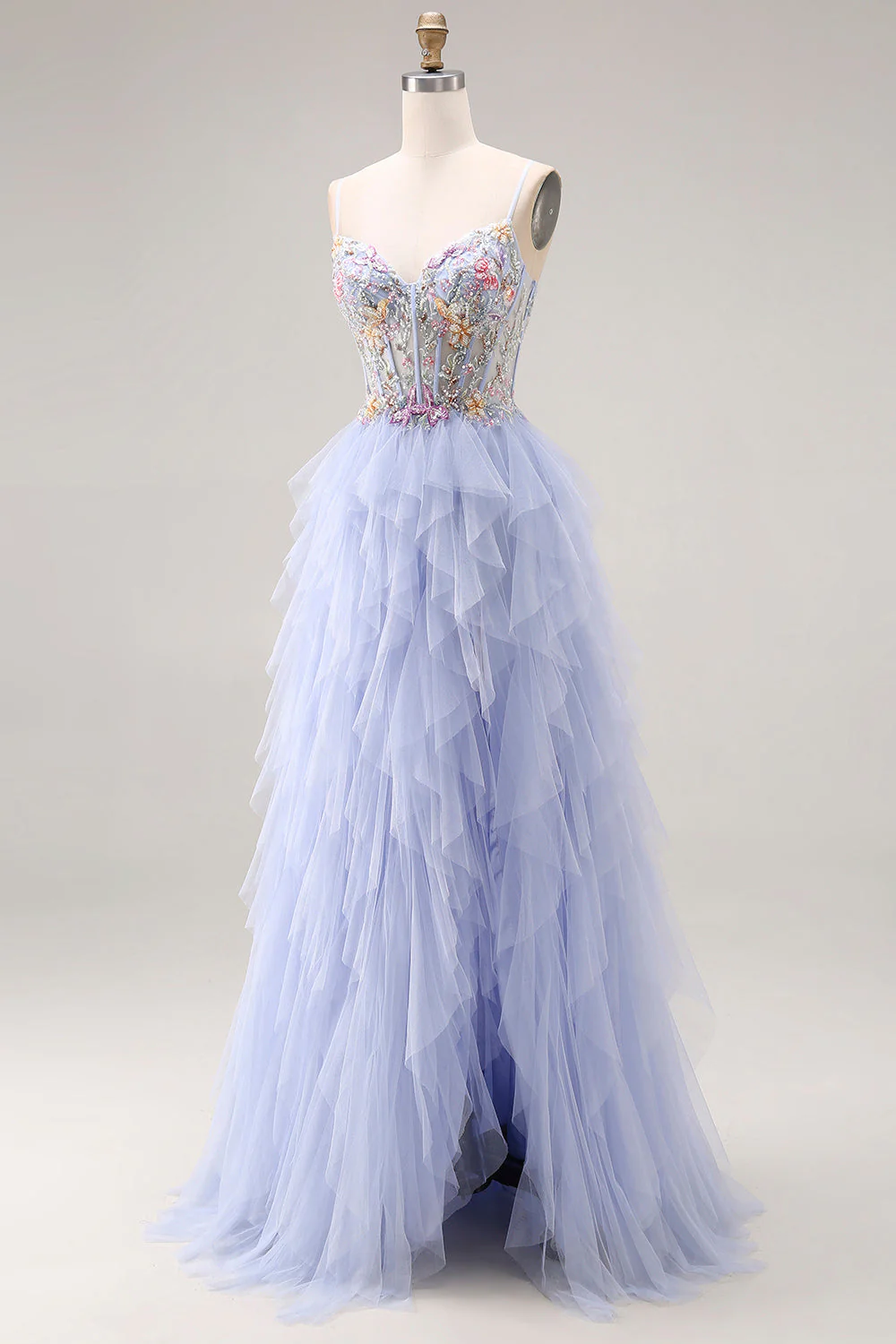 Light Plum A-Line Tulle Appliqued Corset Long Prom Dress with Ruffles - Image 3