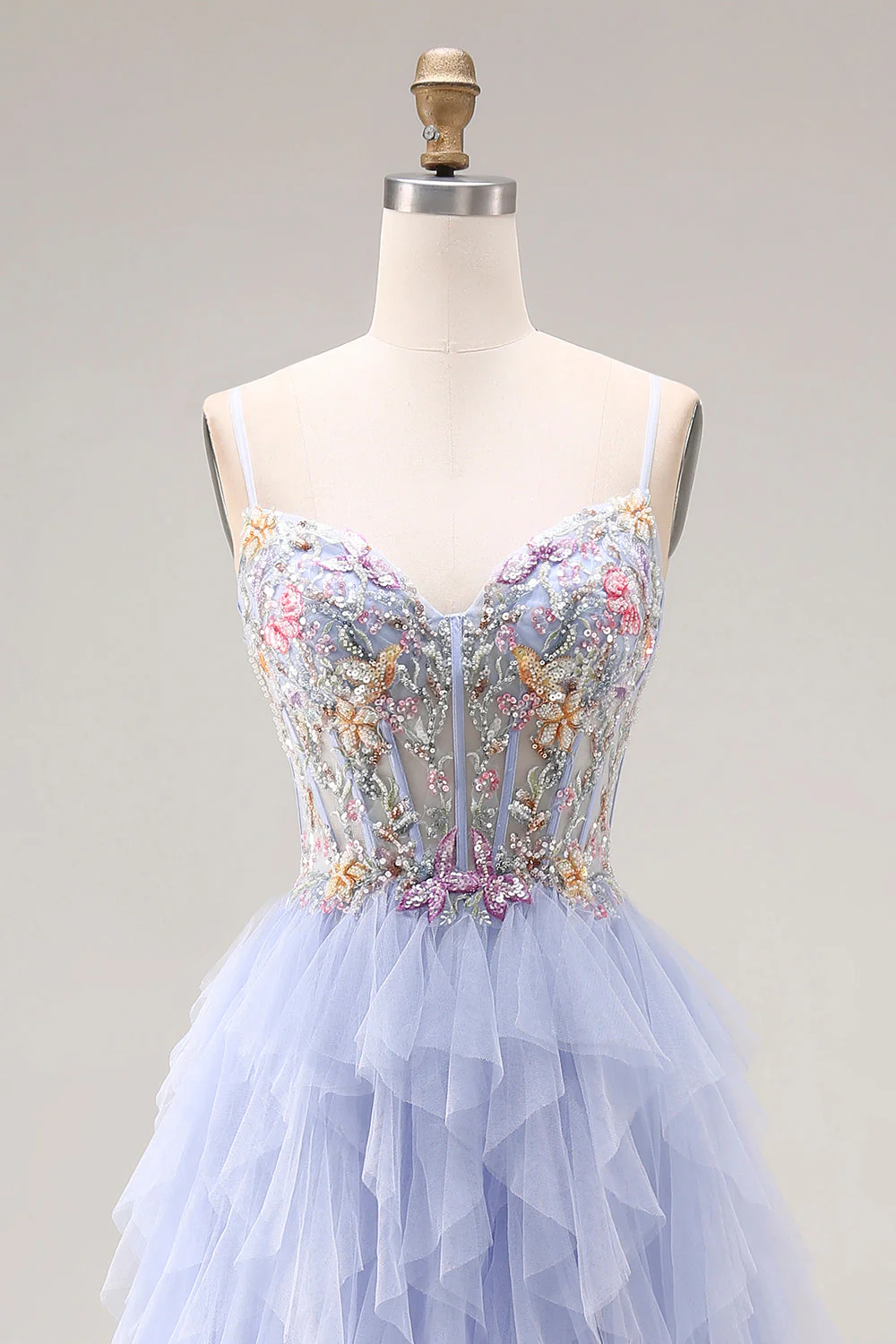 Light Plum A-Line Tulle Appliqued Corset Long Prom Dress with Ruffles - Image 4