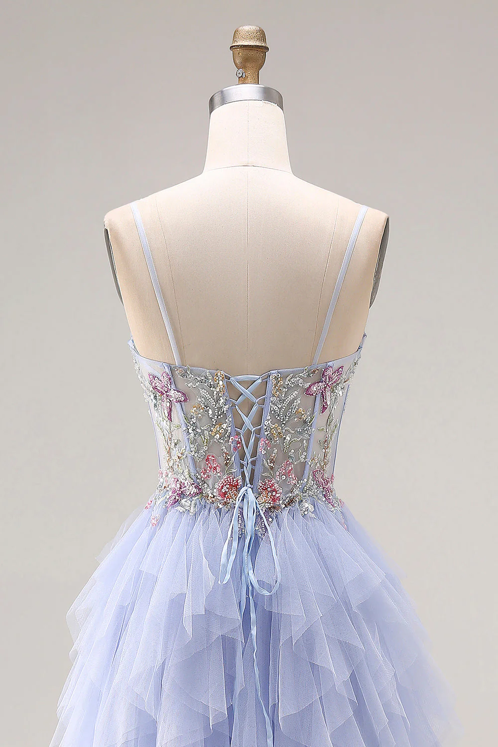 Light Plum A-Line Tulle Appliqued Corset Long Prom Dress with Ruffles - Image 5