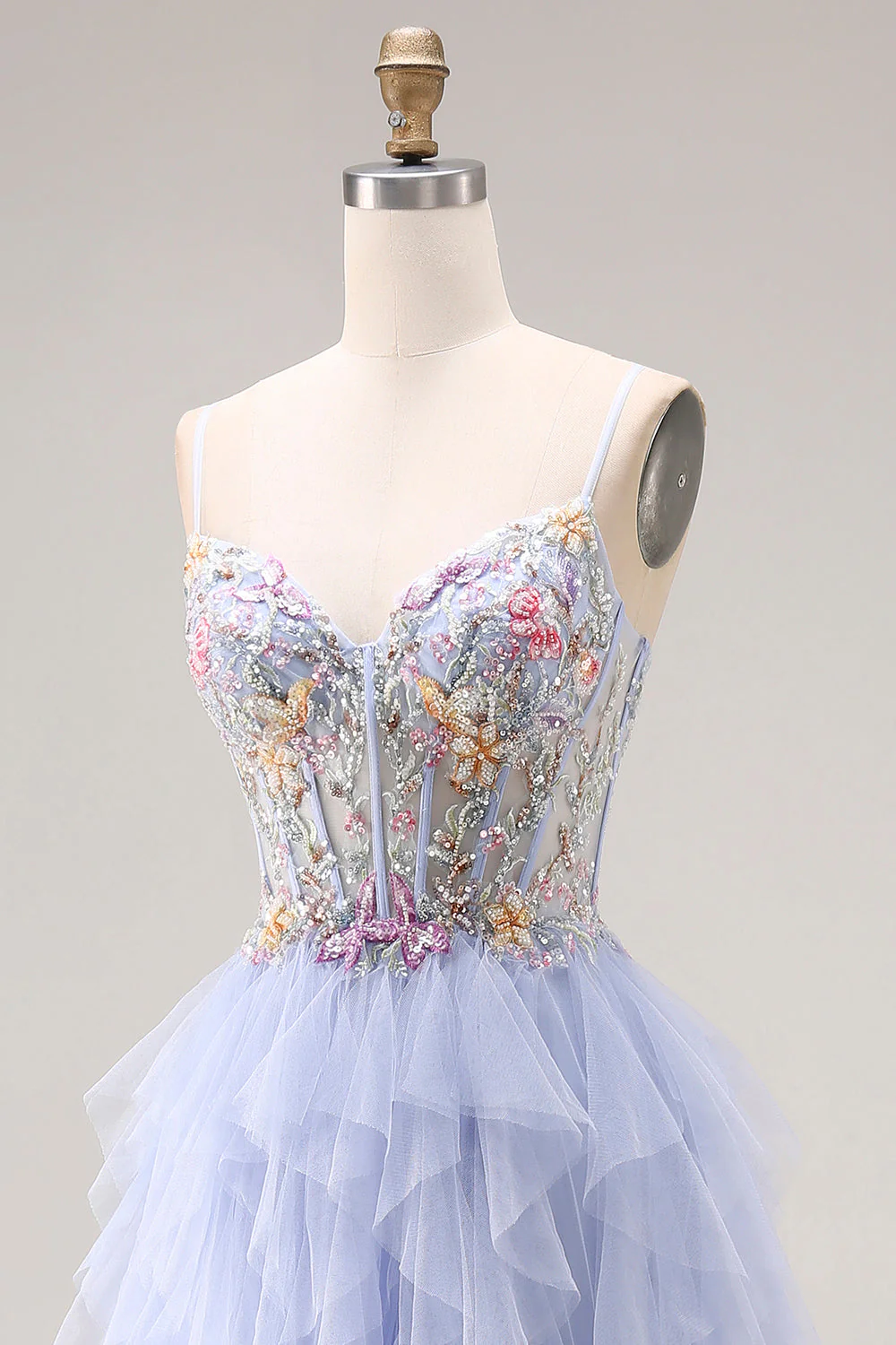 Light Plum A-Line Tulle Appliqued Corset Long Prom Dress with Ruffles - Image 6
