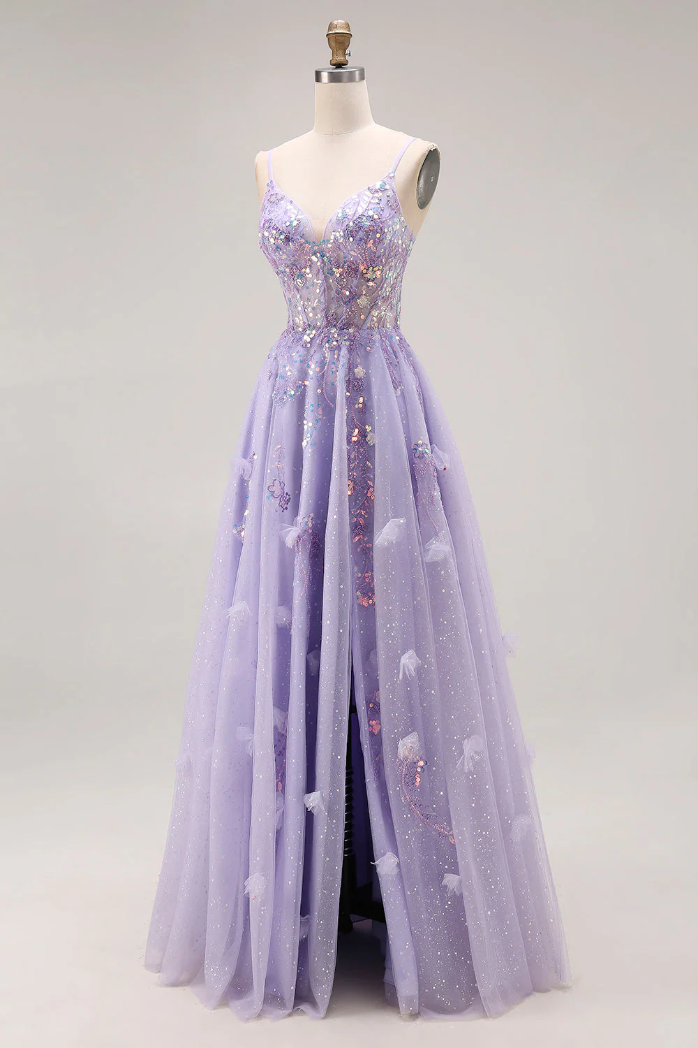 Light Purple A-Line Beaded Sequin Lace Up Back Long Prom Dress with Slit - Image 3