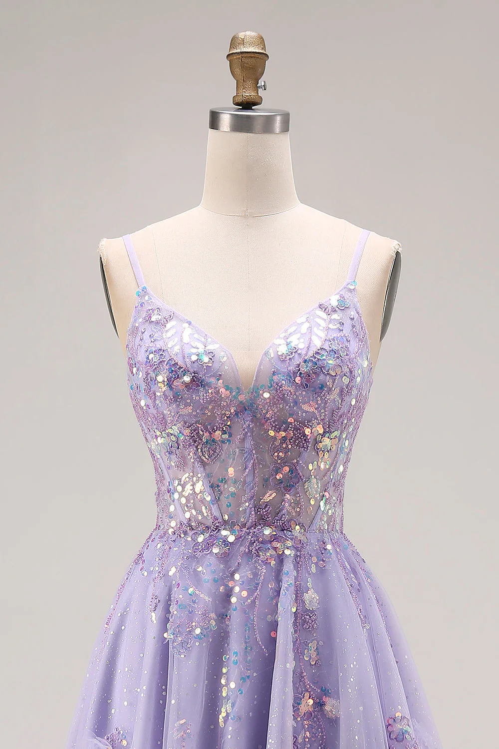 Light Purple A-Line Beaded Sequin Lace Up Back Long Prom Dress with Slit - Image 4