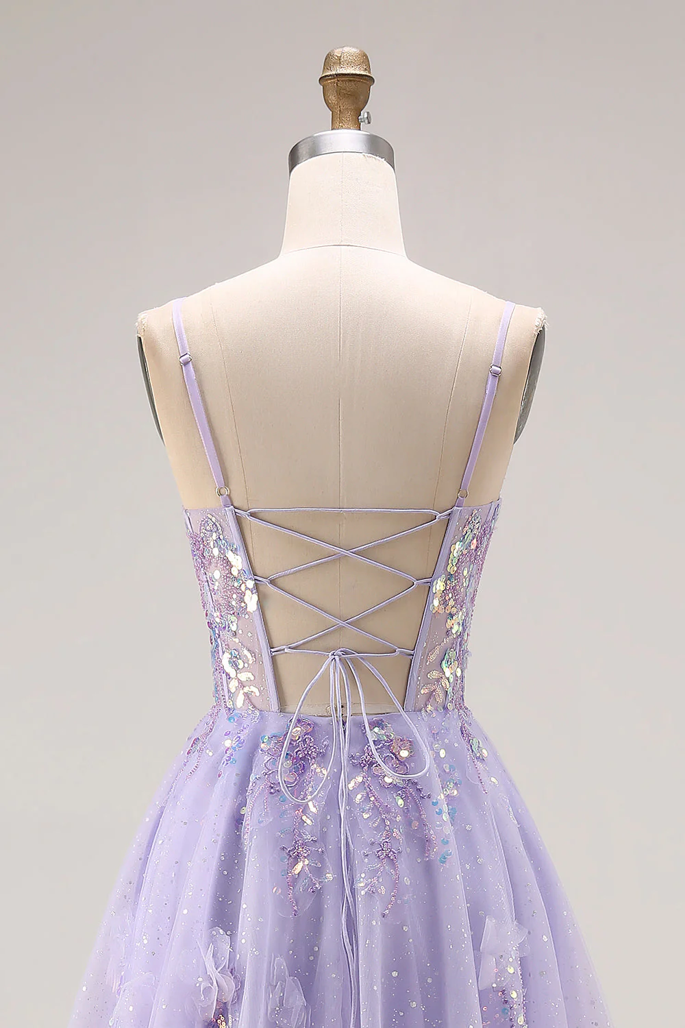 Light Purple A-Line Beaded Sequin Lace Up Back Long Prom Dress with Slit - Image 5