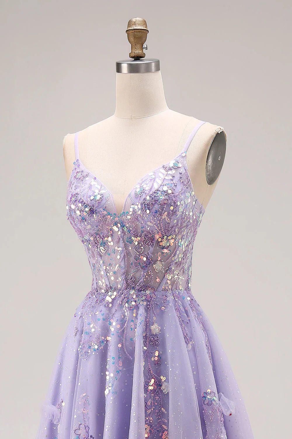 Light Purple A-Line Beaded Sequin Lace Up Back Long Prom Dress with Slit - Image 6