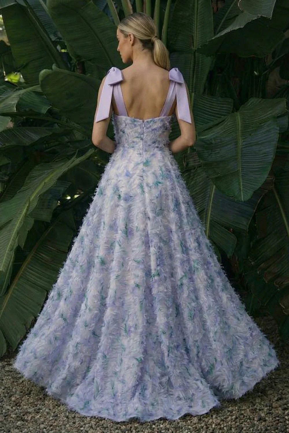 Light Purple Long A Line Appliqued Floral Dress with Bows - Image 2