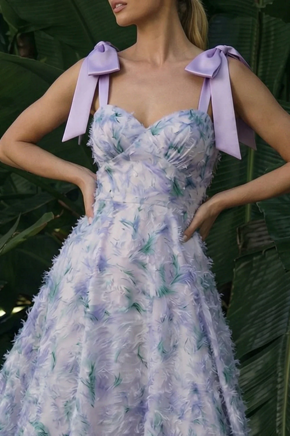 Light Purple Long A Line Appliqued Floral Dress with Bows - Image 3