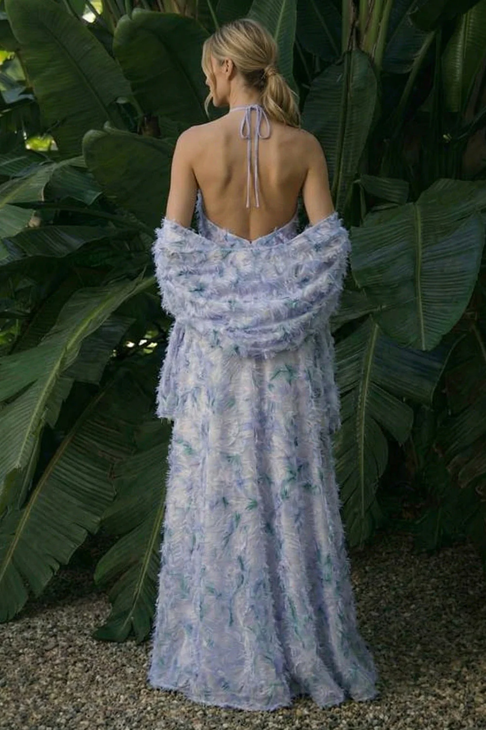 Halter Light Purple A Line Backless Long Floral Dress with Cape - Image 2