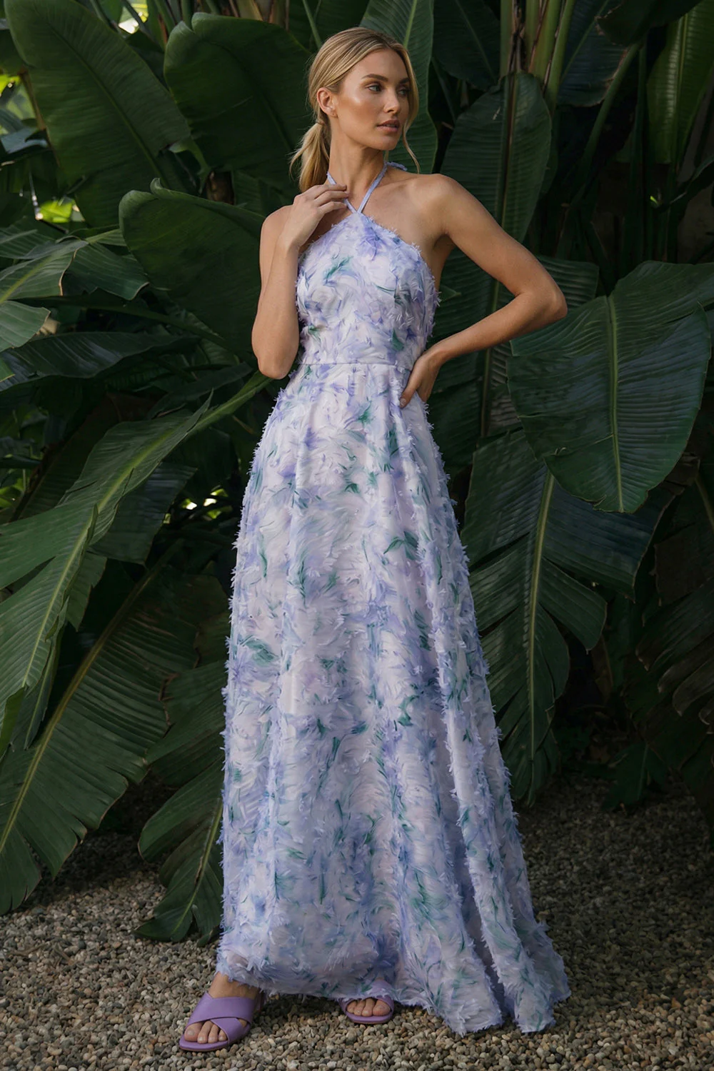 Halter Light Purple A Line Backless Long Floral Dress with Cape - Image 3