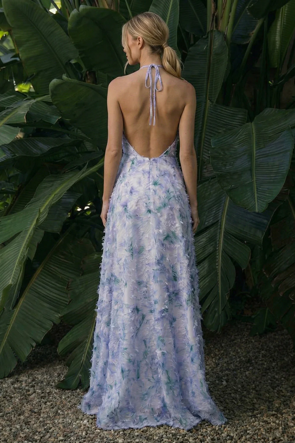 Halter Light Purple A Line Backless Long Floral Dress with Cape - Image 4
