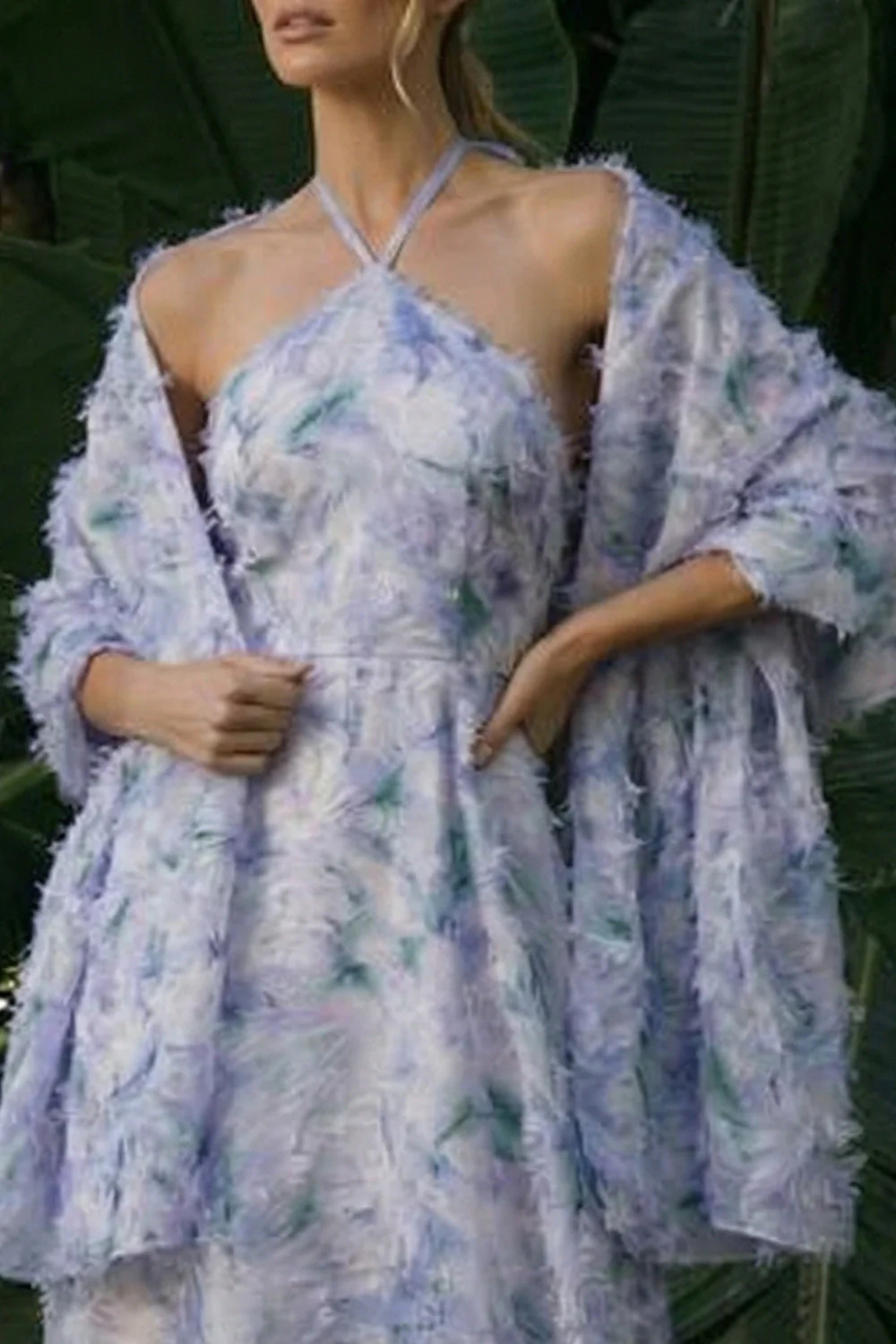 Halter Light Purple A Line Backless Long Floral Dress with Cape - Image 5