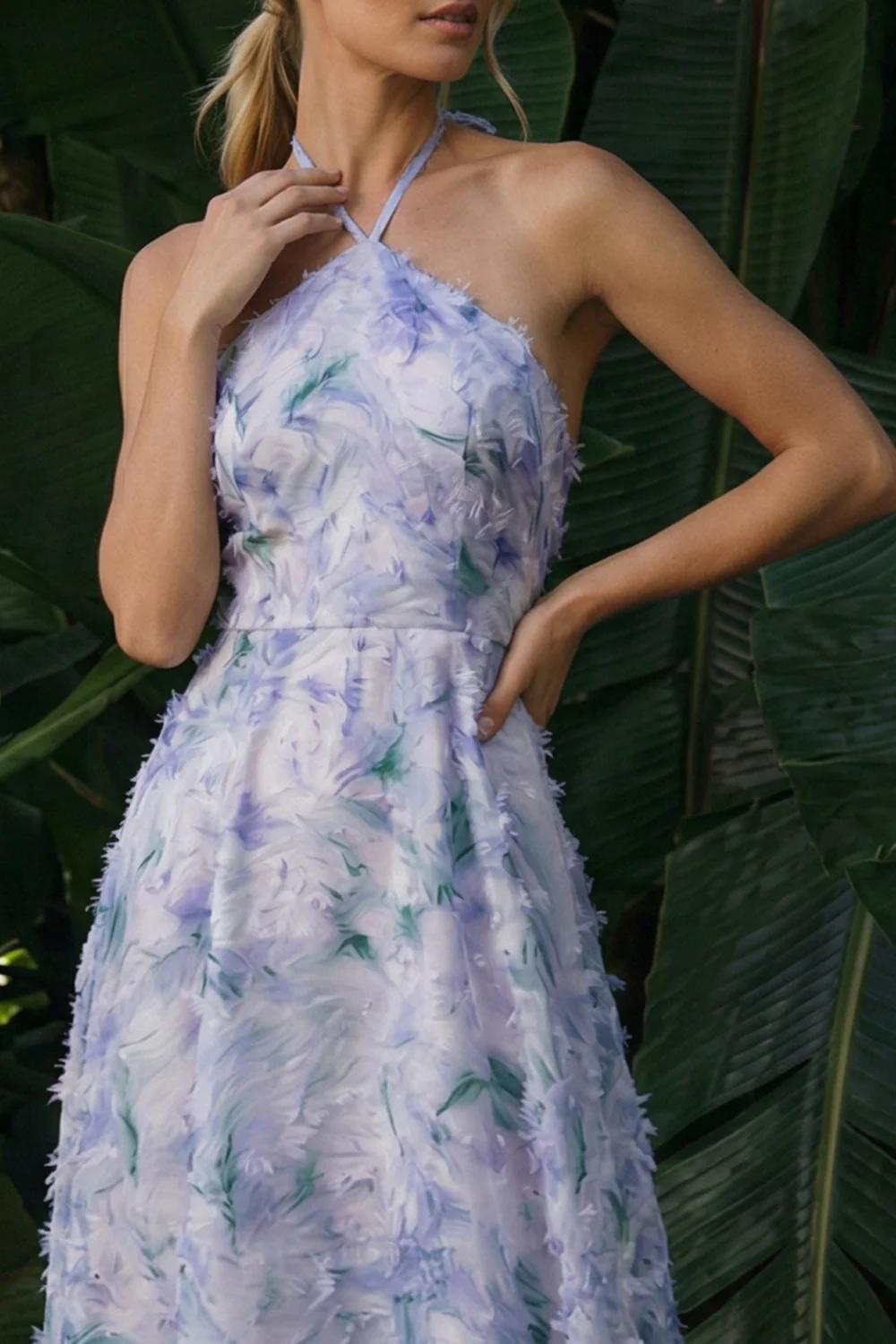 Halter Light Purple A Line Backless Long Floral Dress with Cape - Image 7