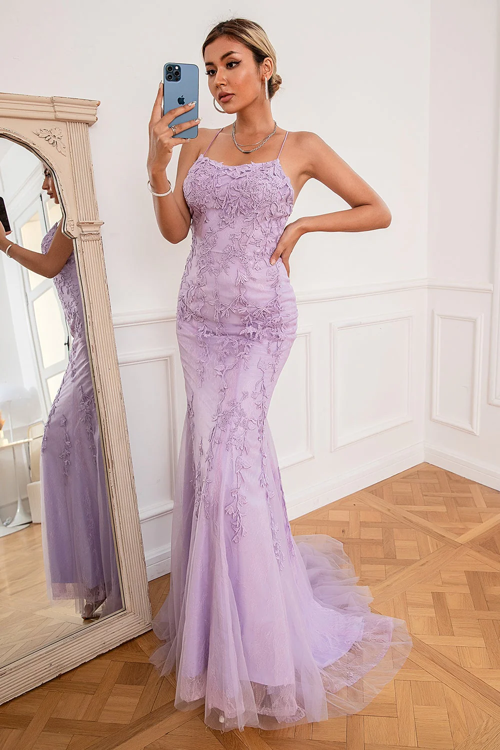 Light Purple Mermaid Long Prom Dress with Appliques - Image 4