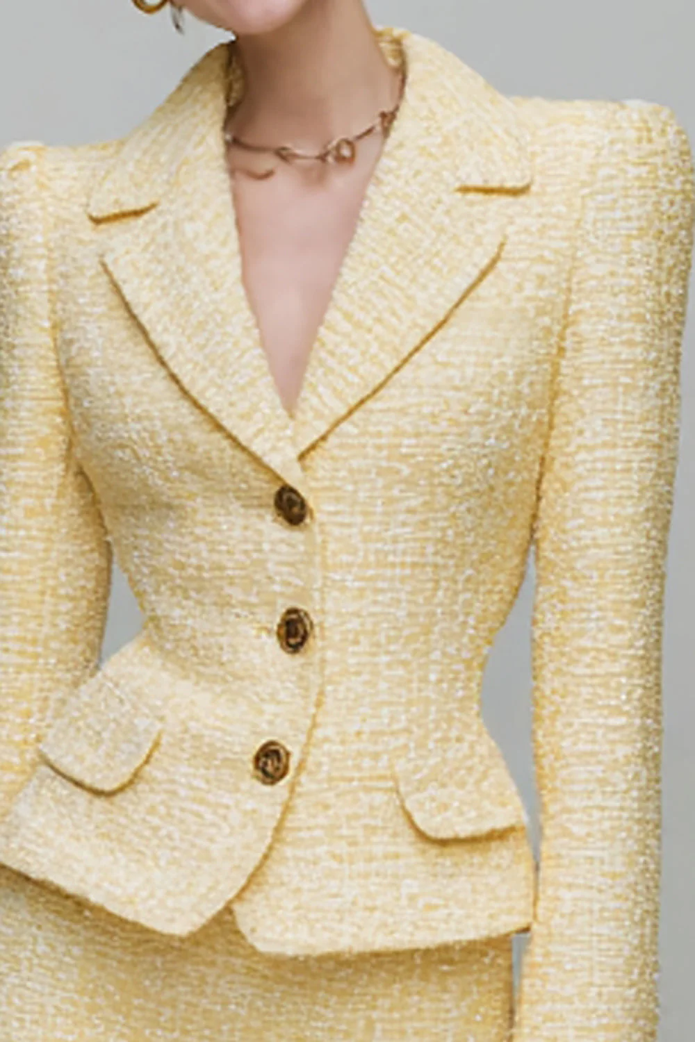 Light Yellow 2 Piece Notched Lapel Pencil Tweed Short Blazer Dress with Sleeves - Image 2