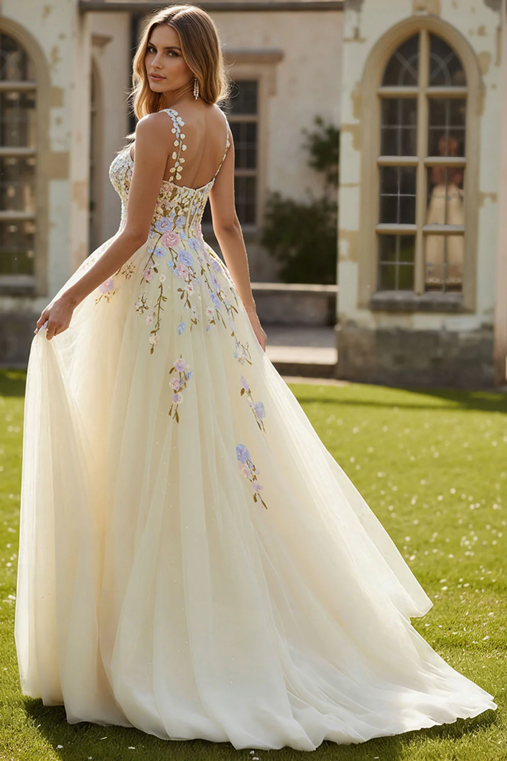 Light Yellow A-Line Spaghetti Straps Embroidered Tulle Long Prom Dress - Image 2