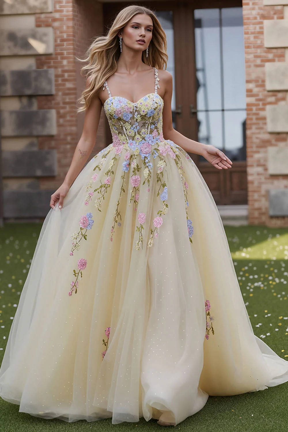 Light Yellow A-Line Spaghetti Straps Embroidered Tulle Long Prom Dress - Image 3