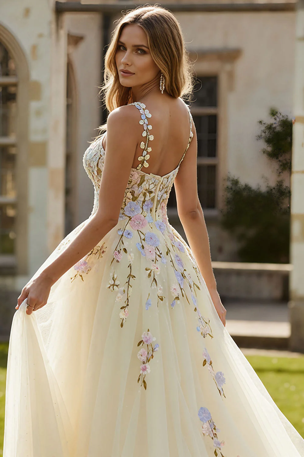 Light Yellow A-Line Spaghetti Straps Embroidered Tulle Long Prom Dress - Image 5