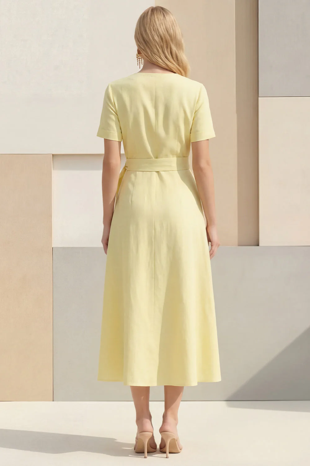 Light Yellow A-Line V-Neck Midi Satin Work Dress with Belt - Image 2