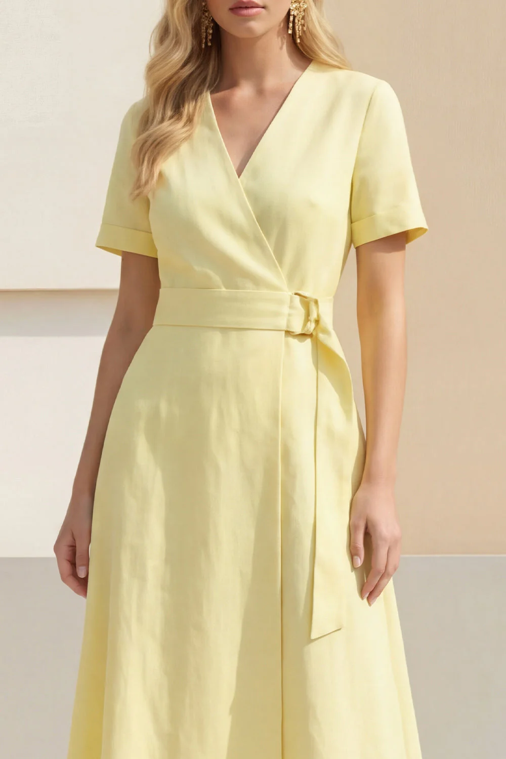 Light Yellow A-Line V-Neck Midi Satin Work Dress with Belt - Image 3