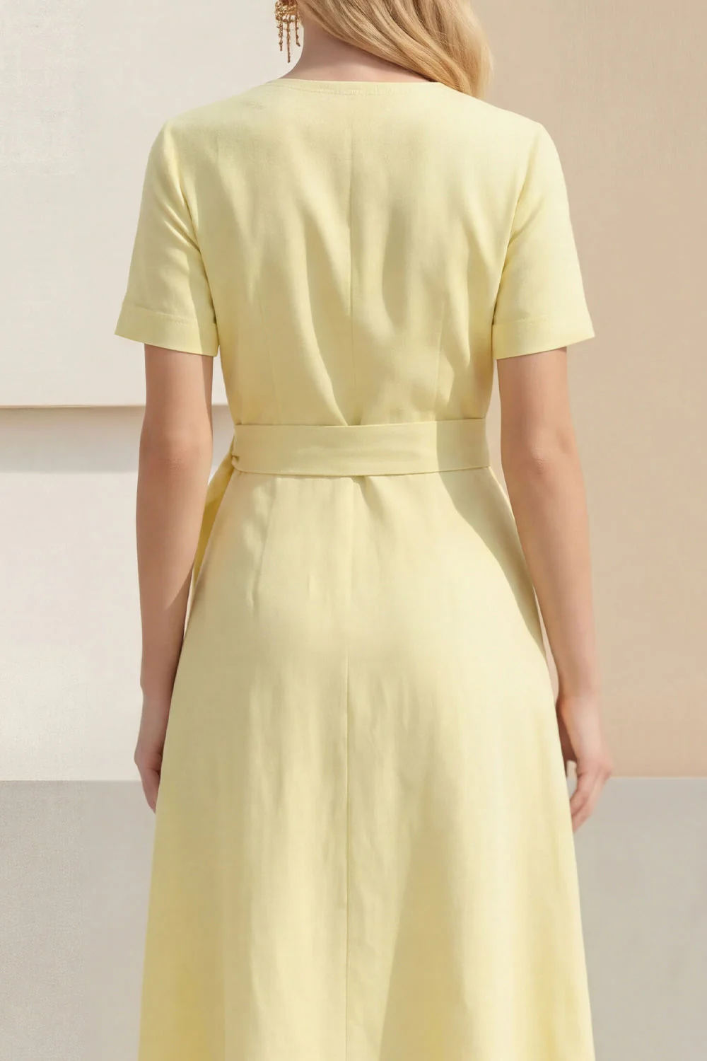 Light Yellow A-Line V-Neck Midi Satin Work Dress with Belt - Image 4
