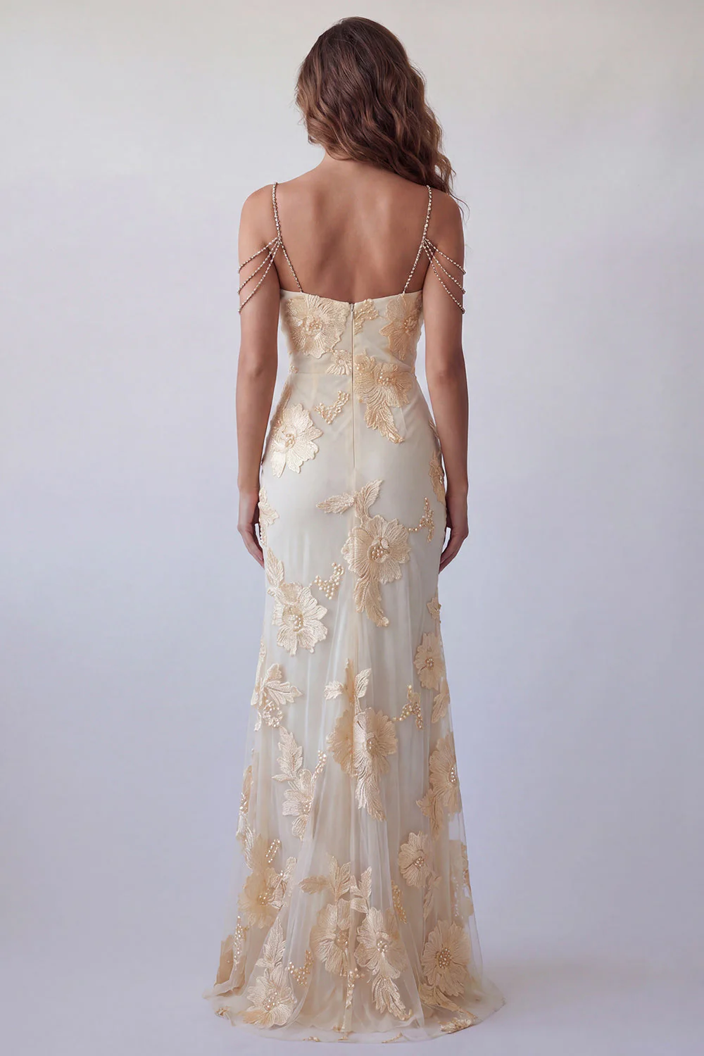 Light Yellow Mermaid Embroidered Floral Dress with Slit - Image 2