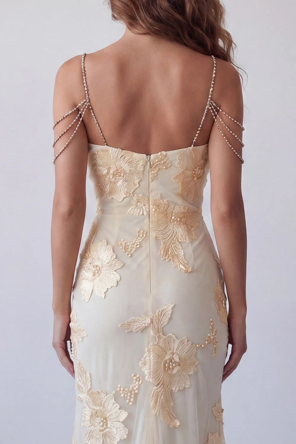Light Yellow Mermaid Embroidered Floral Dress with Slit - Image 4