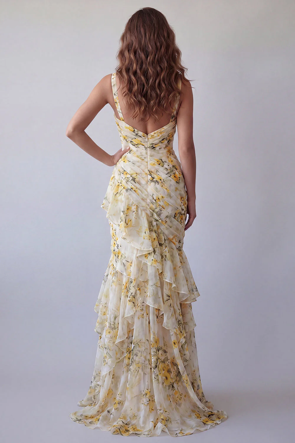 Light Yellow Mermaid Ruffled Spaghetti Straps Floral Dress - Image 2