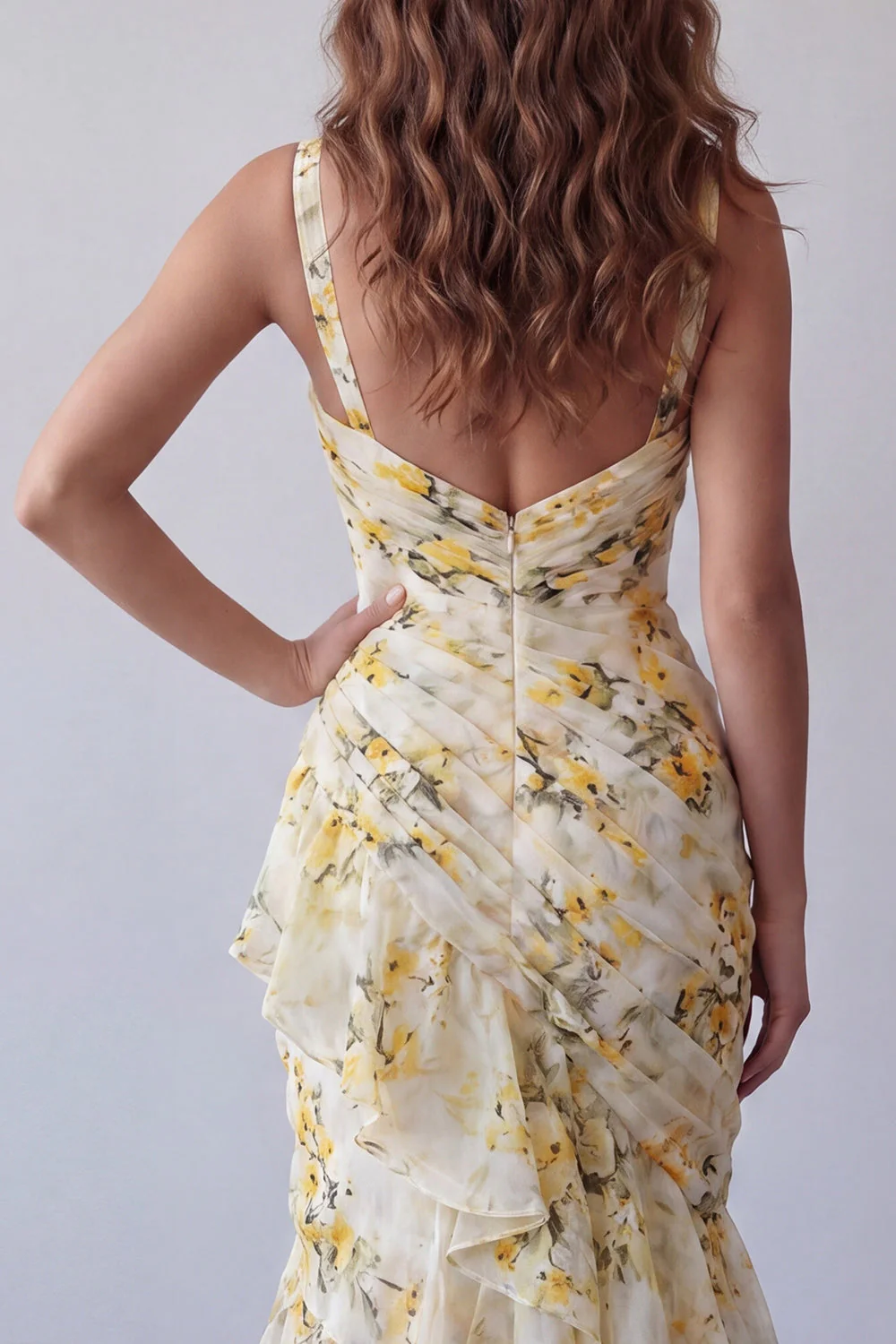 Light Yellow Mermaid Ruffled Spaghetti Straps Floral Dress - Image 4