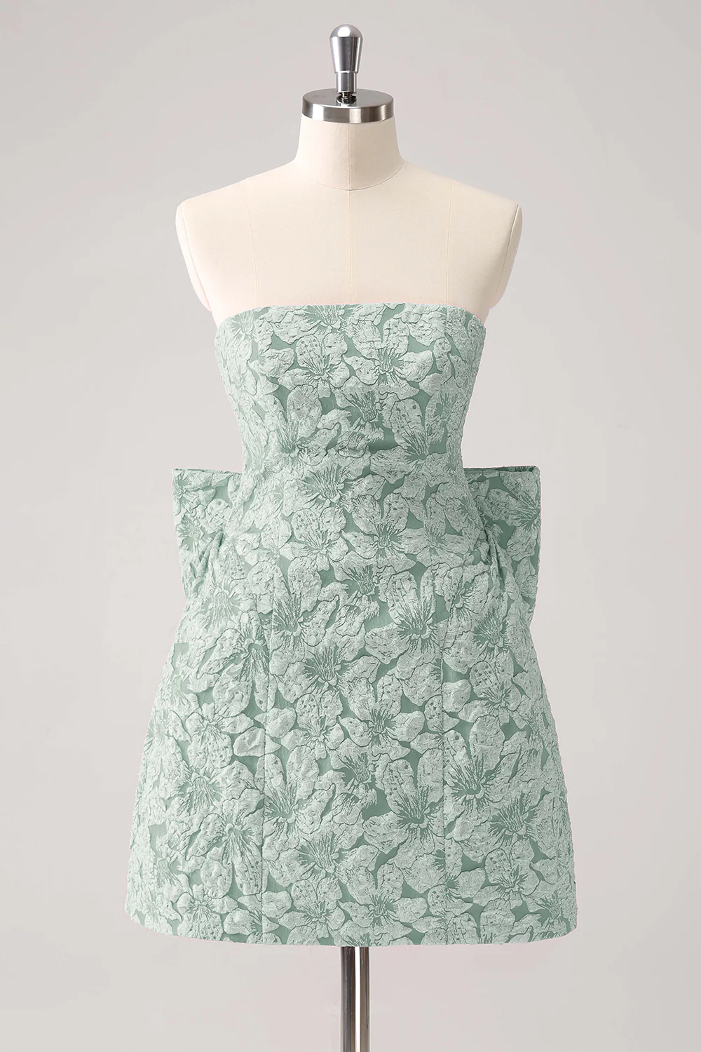 Light Yellow Floral Strapless A Line Graduation Dress With Bow - Image 11