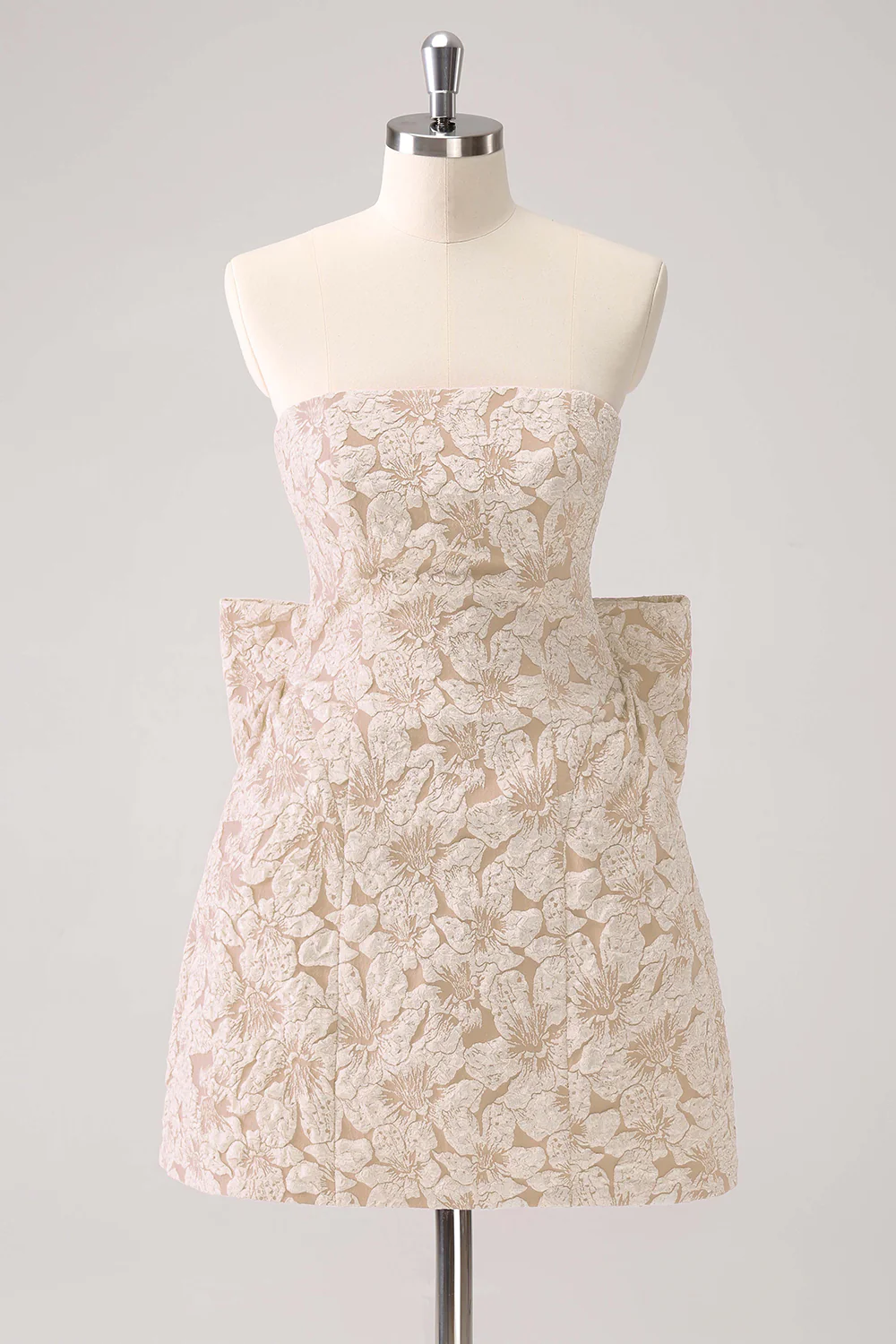 Light Yellow Floral Strapless A Line Graduation Dress With Bow - Image 3