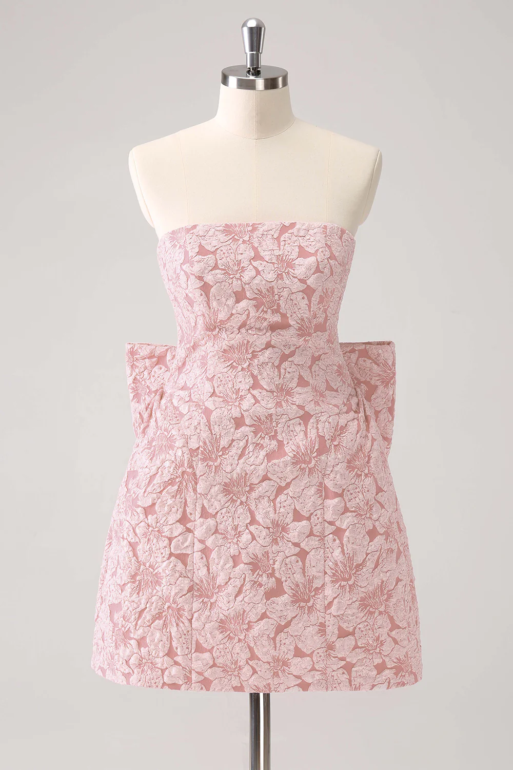 Light Yellow Floral Strapless A Line Graduation Dress With Bow - Image 7