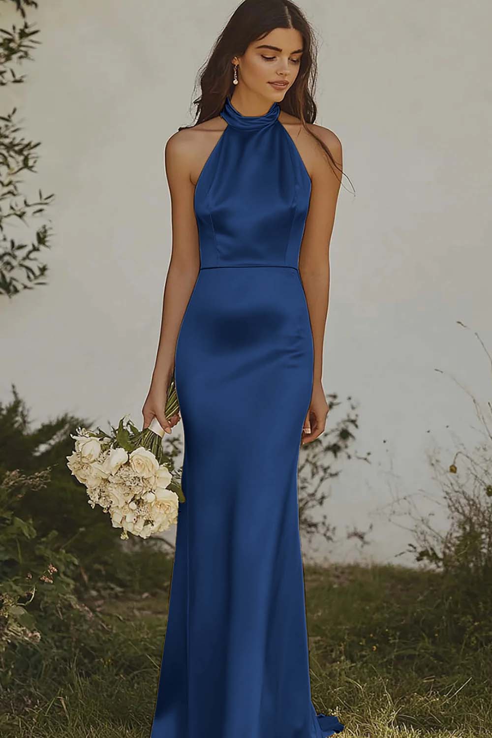 Light yellow Halter Mermaid Satin Bridesmaid Dress - Image 11
