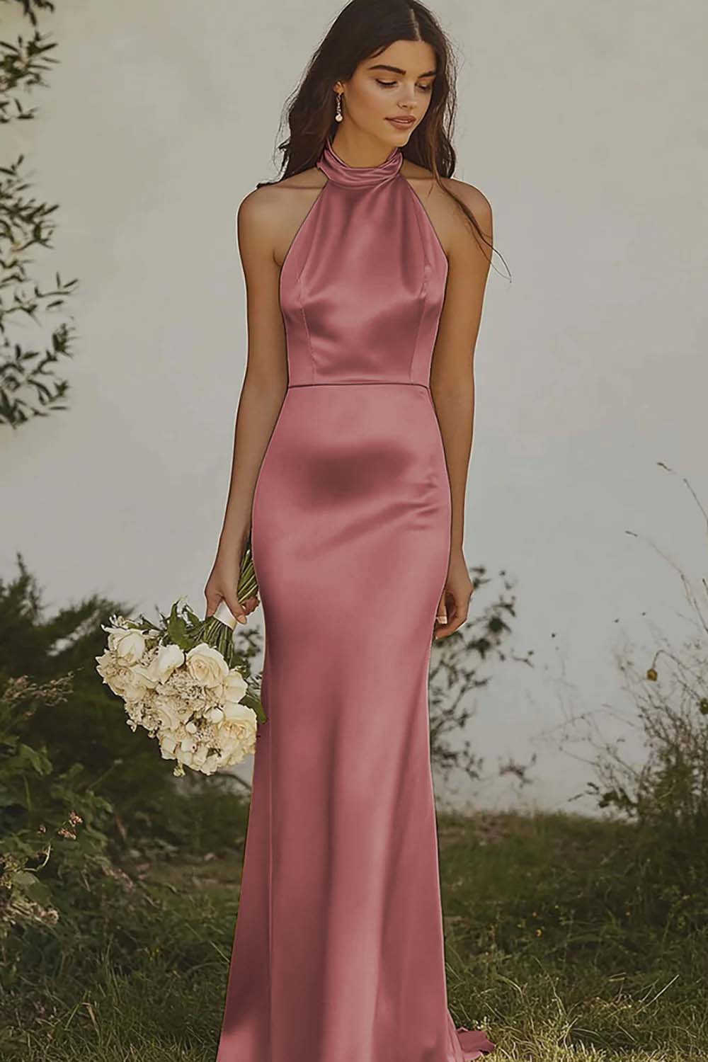 Light yellow Halter Mermaid Satin Bridesmaid Dress - Image 13